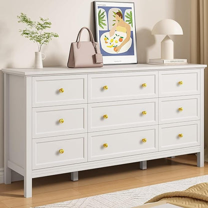 LYNSOM White Dresser for Bedroom with 9 Drawers, Modern Wide Chest of Storage Drawer with Gold Handles, TV Stand Dresser, Wood Dressers for Bedroom, Living Room, Hallway, Entryway, 59’’