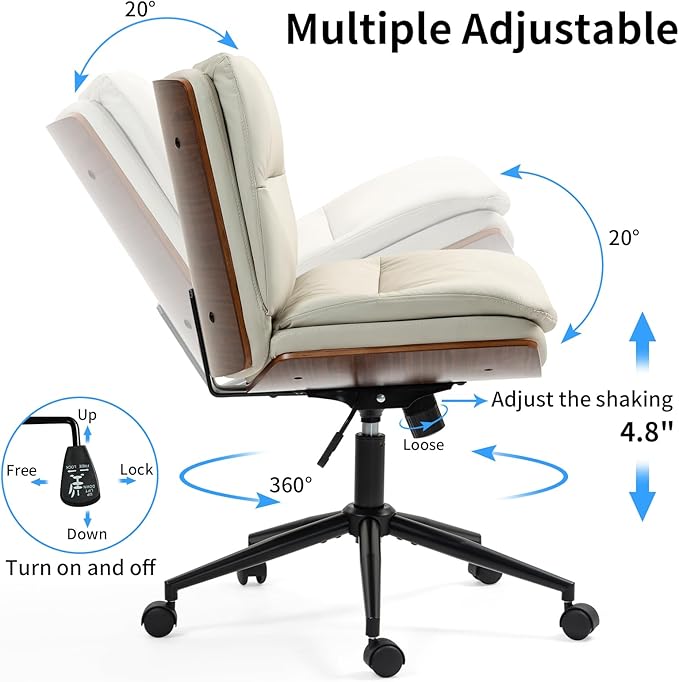 Armless Modern Walnut Office Desk Chair with Wheels, PU Leather Adjustable Wide Swivel Executive Task Chair, Ergonomic Cross Legged Computer Chair for Conference Room, Home Office, Beige