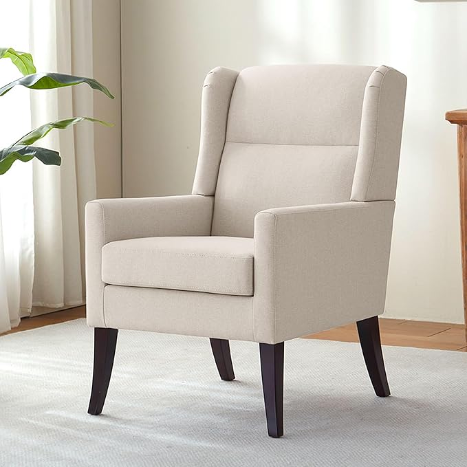 High Back Living Room Chairs, Fabric Accent Chair, Comfy Upholstered Armchair with Wooden Legs for Living Room, Bedroom, Apartment (1, Beige)