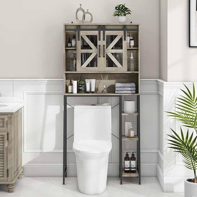 Over The Toilet Storage Cabinet, Farmhouse Storage Cabinet Over Toilet with Sliding Barn Door，Home Space-Saving Toilet Rack, for Bathroom, Restroom, Laundry(Grey).