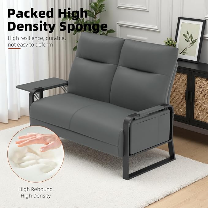 Faux Leather Loveseat, Upholstered Loveseat with Side Tray Table & Storage Pocket, Small Loveseat for Living Room, Modern 2 Seater Sofa Couch for Small Spaces, Bedroom, Gray