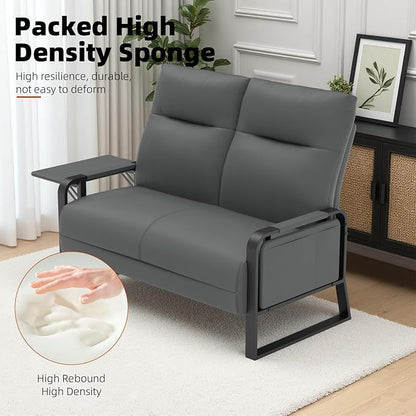 Faux Leather Loveseat, Upholstered Loveseat with Side Tray Table & Storage Pocket, Small Loveseat for Living Room, Modern 2 Seater Sofa Couch for Small Spaces, Bedroom, Gray
