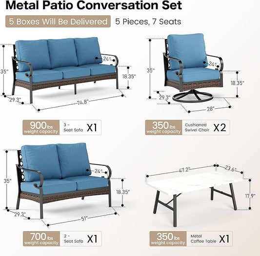5 Piece Metal Outdoor Patio Furniture Set, Patio Conversation Setsv with 3-Seater Sofa, Loveseat, 2 Fixed Sofa (5.75" Thick Cushion) & Coffee Table Black Backyard Furniture, Denim Blue