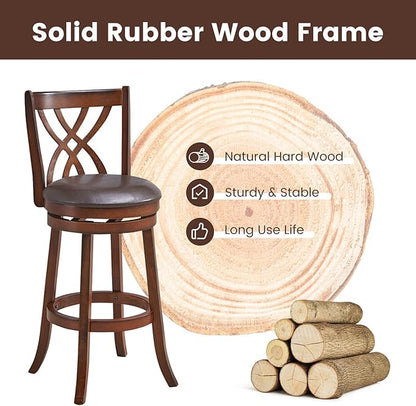 COSTWAY Bar Stools Set of 2, 360° Swivel Chairs with Rubber Wood Frame, 30-Inch PU Leather Cushioned Seat and Footrests, for Kitchen Island, Dining Room, Bar (Brown-30 inches, 2 stools)
