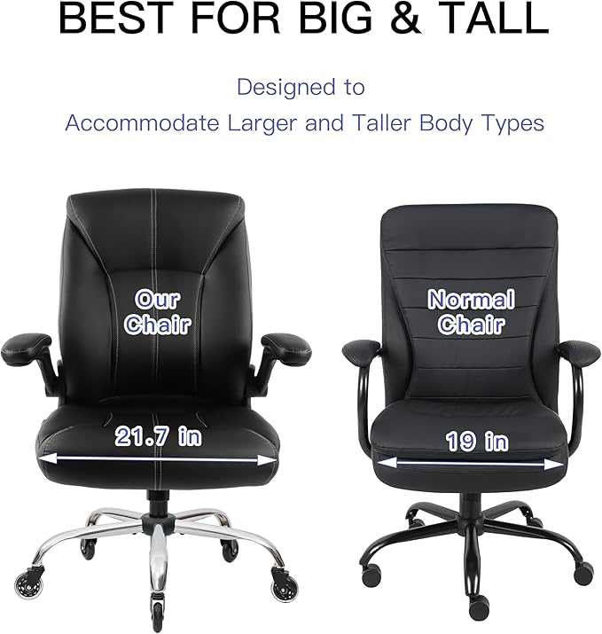 Big and Tall Office Chair for Heavy People, Executive Desk Computer Chair Adjustable Flip-up Armrests, PU Leather Swivel Task Chair with Ergonomic High Back and Lumbar Support