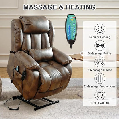 EDILLY Large Genuine Leather Power Lift Recliner Chair for Elderly, Dual Motor with Massage and Heating,with Double Lumbar Cushion and Extended Footrest,USB Port and Remote(Ocher)