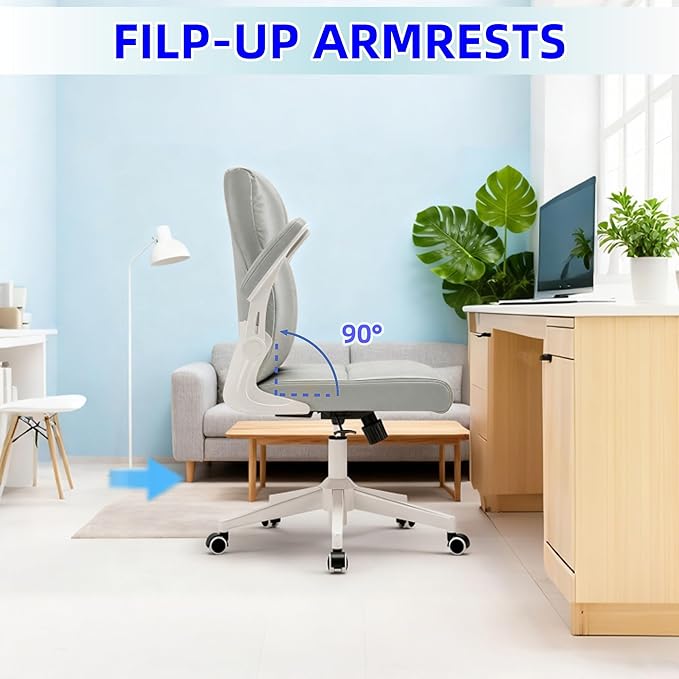 Ergonomic Office Desk Chair with Space Saving Flip-Up Arms, 360° Swivel & Reclining Back, High-Back Executive Chair in Soft Faux Leather for Office&Study（Gray）