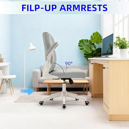 Ergonomic Office Desk Chair with Space Saving Flip-Up Arms, 360° Swivel & Reclining Back, High-Back Executive Chair in Soft Faux Leather for Office&Study（Gray）