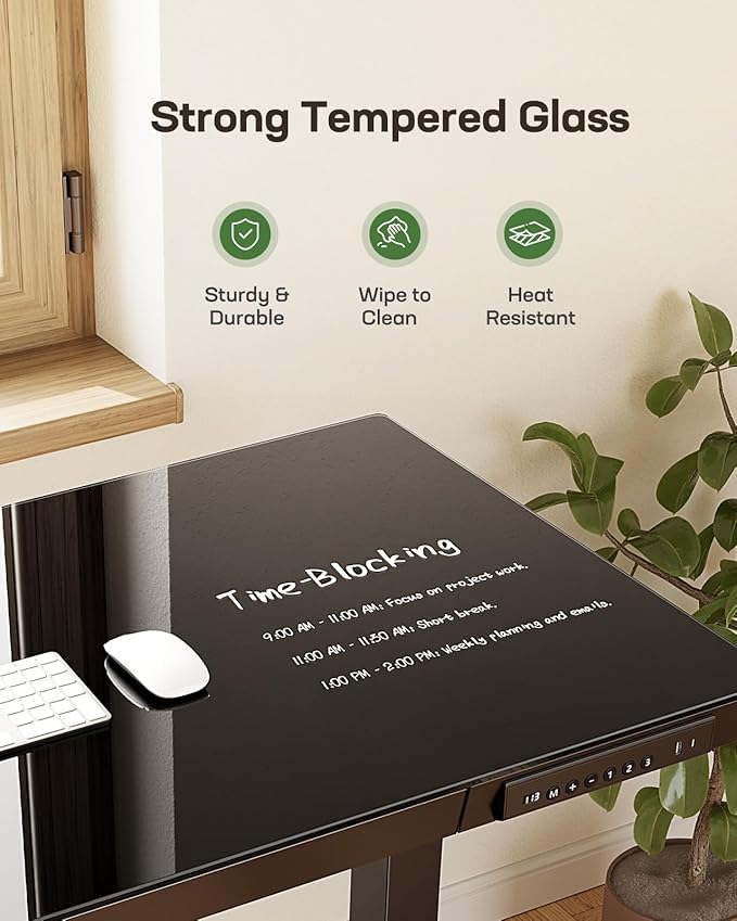 Marsail Glass Standing Desk with Drawer, 48 x 24 inch Electric Standing Desk, Height Adjustable Desk with One-Piece Tabletop & USB Charging Ports, Sit Stand Desk with Storage for Home & Office Black