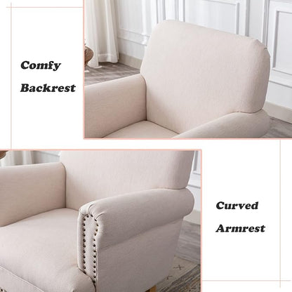 Linen Accent Chair Mid-Century Modern Living Room Armchair with Nailhead Trim & Wood Legs Comfy Upholstered Single Sofa Chair for Lounge/Bedroom/Reception, Cream