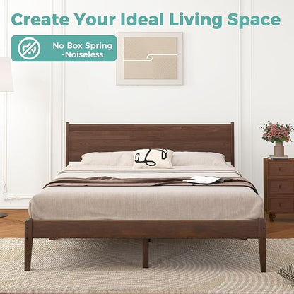 Queen Size Bed Frame with Farmhouse Headboard, Malaysian Oak Queen Bed Frame No Box Spring Needed, Platform Bedframe with 12 Slats Support, Easy Assembly, Antique Espresso