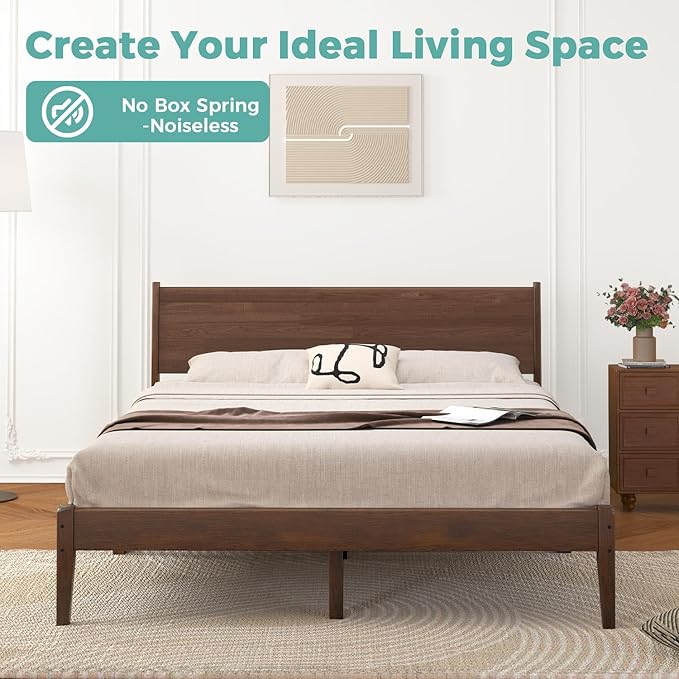 Full Size Bed with Headboard, Mid Century Malaysian Oak Bed, Wooden Platform Bed Frame with Storage, No Box Spring Needed, Easy Assembly, Full Size, Antique Espresso