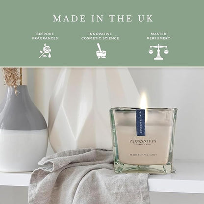 Pecksniff's Prestige 1 Wick Square Candle - Fresh Linen & Daisy Scent, 190g (6.7 oz) - Long-Lasting, Luxurious Fragrance Experience Home Décor