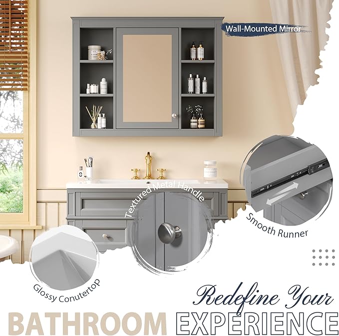36" Bathroom Vanity with Matching Medicine Cabinet, Modern Sink Storage Cabinet with Drawers, Soft Closing Doors and Shelf, Bathroom Vanities with Sink & Mirror