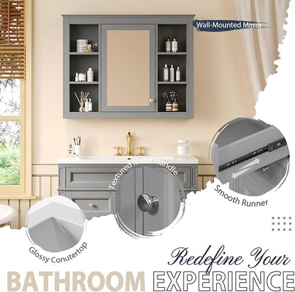 36" Bathroom Vanity with Matching Medicine Cabinet, Modern Sink Storage Cabinet with Drawers, Soft Closing Doors and Shelf, Bathroom Vanities with Sink & Mirror