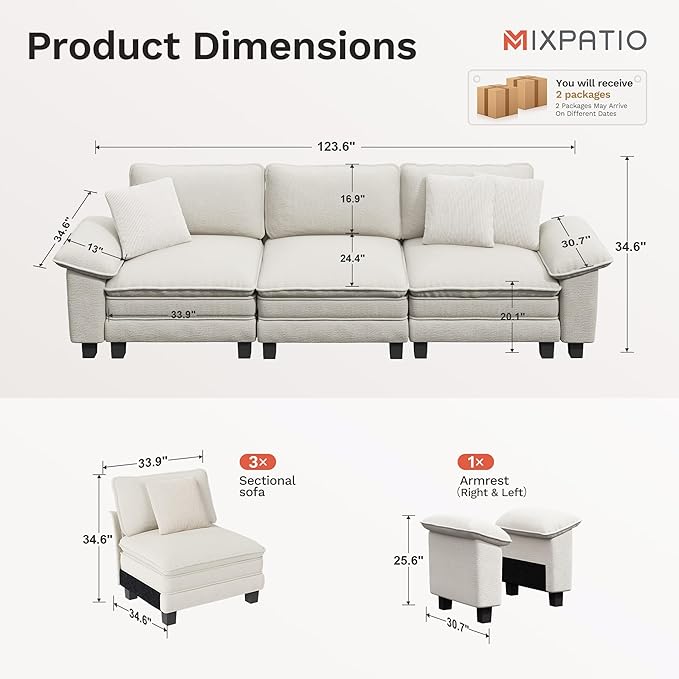 123" Cloud Modular Sectional Sofa, 3-Seater w/Deep Seat & Removable Arms, Plush Chenille for Living Room - Beige