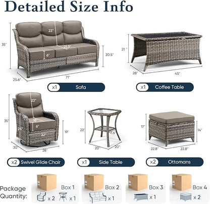 Belord Luxury 6" Thick Cushioned 7 Pieces Patio Furniture Set with Outdoor Couch, Wicker Outdoor Conversation Set with High Back Swivel Rocker Chairs for Deck Porch Yard and Poolside - Grey+Grey