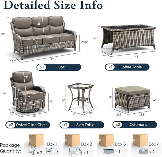 Belord Luxury 6" Thick Cushioned 7 Pieces Patio Furniture Set with Outdoor Couch, Wicker Outdoor Conversation Set with High Back Swivel Rocker Chairs for Deck Porch Yard and Poolside - Grey+Grey