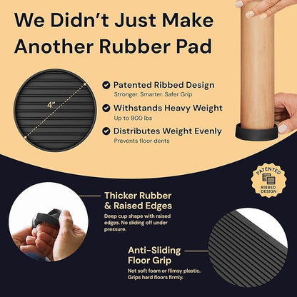 CasterMaster Non Slip Furniture Pads for Hardwood Floors - 4x4 Black Round Caster Cups - Rubber Feet for Furniture - Anti Slip Couch & Furniture Grip - Bed Frame Feet Protectors (Set of 4)