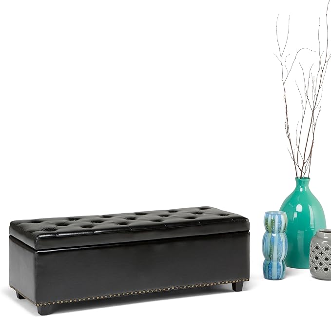 SIMPLIHOME Hamilton 48 inch Wide Transitional Rectangle Storage Ottoman in Midnight Black Vegan Faux Leather, Assembled, For the Living Room, Entryway and Family Room