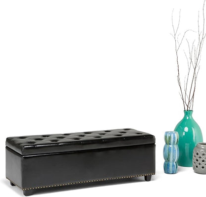 SIMPLIHOME Hamilton 48 inch Wide Transitional Rectangle Storage Ottoman in Midnight Black Vegan Faux Leather, Assembled, For the Living Room, Entryway and Family Room