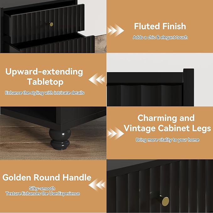 Modern Nightstand, Fluted End Table with 2 Drawers, Nightstand with Open Shelf for Bedroom (1, Black)