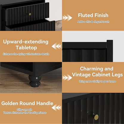Modern Nightstand, Fluted End Table with 2 Drawers, Nightstand with Open Shelf for Bedroom (1, Black)