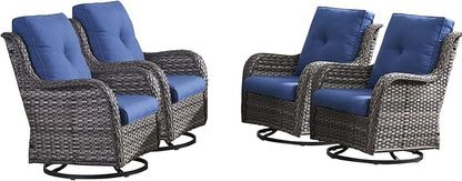 HUMMUH Outdoor Swivel Rocker Wicker Patio Chairs High Back PE Rattan Glider Chairs 4PCS Patio Furniture Set(Grey,Blue)