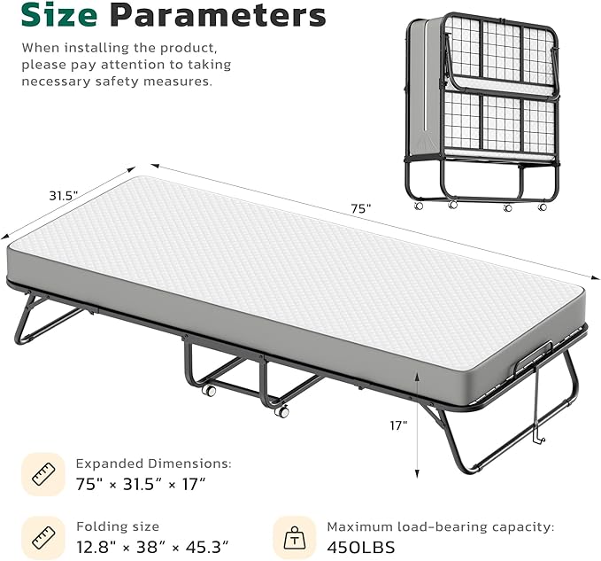 Greenvelly Folding Bed with Mattress,75" x 31" Foldable Beds for Adults, Roll Away-Bed with Mattress and Metal Frame for Home Office,Guest,Living Room