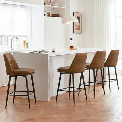 Coffee Counter Height Bar Stools Set of 2, 26 Inch Seat Height with Back and Metal Legs, 360° Swivel Upholstered Faux Leather Swivel Bar Stools