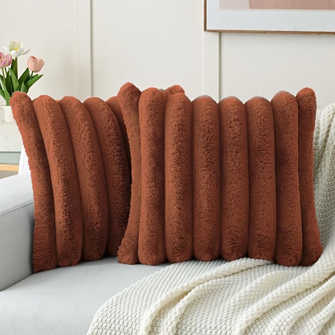 FUTEI Rust Decorative Throw Pillow Covers 16x16 Inch Set of 2, Square Soft Faux Rabbit Fur Big Striped Cushion Cover,Home Decor for Couch Sofa Bed Living Room