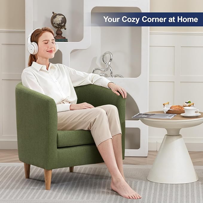 Accent Barrel Chair, Modern Comfy Living Room Chairs with Armrest Small Reading Chair with Cozy Soft Padded for Bedroom Reception Room Cafe, Green