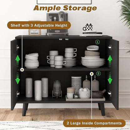 Accent Cabinet with Carving Lines, Modern Buffet Sideboard with Adjustable Shelves, Decorative Storage Cabinets for Bedroom Living Room Kitchen Office and Hallway (Black, 1)