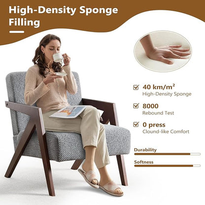 Bonzy Home Mid-Century Modern Accent Chair with Solid Wood Frame, Upholstered Armchair for Bedroom & Living Room,Reading Side Chair with Soft Lien Fabric Cushion,Easy Assembly,Light Grey