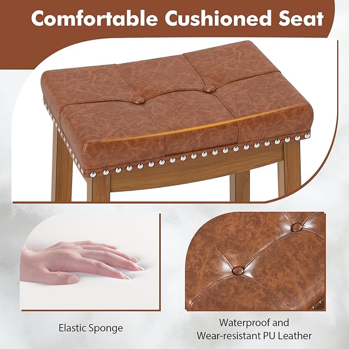COSTWAY Saddle Bar Stools Set of 2, 25-Inch Counter Height Barstools w/PU Leather Seat, Solid Rubber Wood Frame, Footrest, Mid-Century Backless Counter Stools for Kitchen Island Home Bar