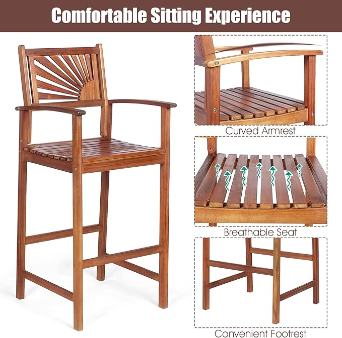 COSTWAY Bar Stools Set of 4, Outdoor Acacia Wood Bar Chairs with Sunflower Backrest, Curved Armrests & Breathable Seat, Ideal for Balcony, Sunroom, Patio, Easy Assembly