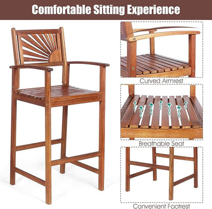 COSTWAY Bar Stools Set of 4, Outdoor Acacia Wood Bar Chairs with Sunflower Backrest, Curved Armrests & Breathable Seat, Ideal for Balcony, Sunroom, Patio, Easy Assembly