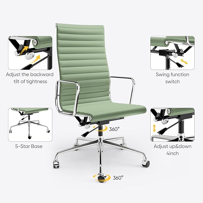 Ribbed Office Chair with Top Grain Leather - High Back Ergonomic Desk Chair with Aluminum Arm Rest and 5-Star Base, Swivel Chairs Light Green