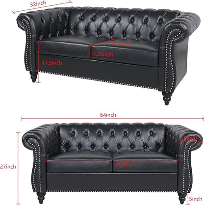 LEVNARY Leather Sofa, Chesterfield Tufted Upholstered 2 Seater Couch, Modern Loveseat Couch Classic Furniture for Living Room Bedroom (Black)