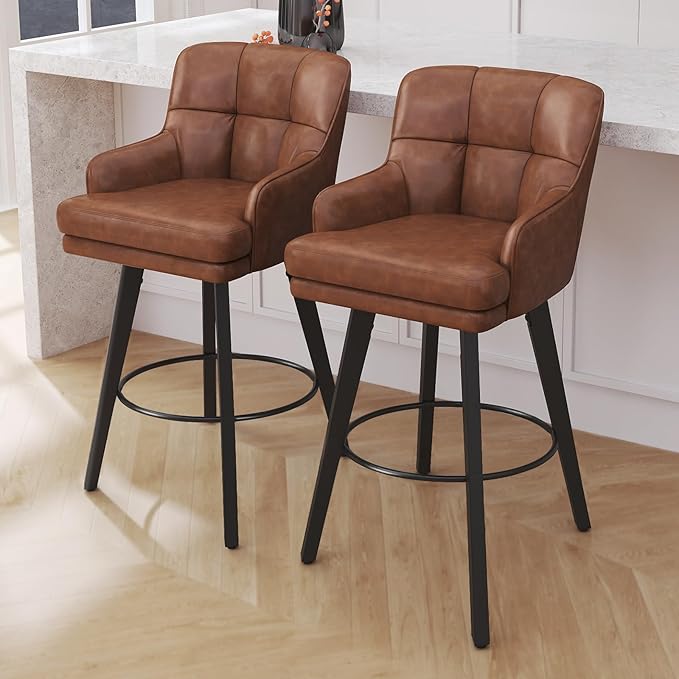 360°Swivel Counter Height Bar Stools with Back, 30 inch Solid Wood Legs, Bar Stool Modern Kitchen Island Chairs, Faux Leather (Brown- Faux Leather, 30" H- Set of 4)