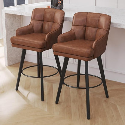 360°Swivel Counter Height Bar Stools with Back, 30 inch Solid Wood Legs, Bar Stool Modern Kitchen Island Chairs, Faux Leather (Brown- Faux Leather, 30" H- Set of 4)