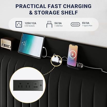 Allewie King Size Platform Bed Frame with USB Charging Station and Storage Shelf/Upholstered Velvet Wingback Headboard/Wooden Slats Support/No Box Spring Needed/Easy Assembly, Black