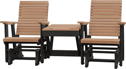 DutchCrafters Modern Horizontal Slat High Back Poly Double Glider Chairs with Center Table Outdoor Patio Furniture (Black & Cedar)