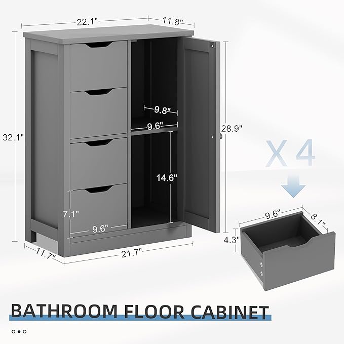 Shintenchi Bathroom Floor Storage Cabinet, Wooden Storage Organizer with 4 Drawers and 1 Cupboard, Freestanding Bathroom Furniture, Home Storage Unit with Adjustable Shelf, Gray
