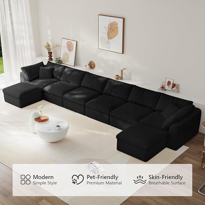 Boneless Cloud Couch Modular Sectional Sofa with Deep Seat for Living Room, L Shape Couch with Ottoman, Snowflake Cloth and 40D Memory Sponge，2 Throw Pillows (Black, 6 Seater+2 Ottoman)