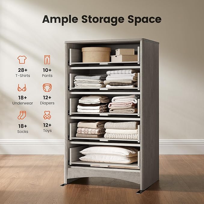 Amada Tall 5 Drawer Dresser, Modern Fluted Vertical Chest with Rounded Corners, Pre-Installed Drawer Slides & Narrow Storage Design for Bedroom or Hallway in Grey