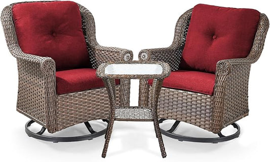 3 Piece Patio Swivel Chairs and Side Table Set - High Back Outdoor Brown Wicker Rattan Rocking Glider with Thick Cushions for Porch Apartment Deck Yard Poolside Garden - Red
