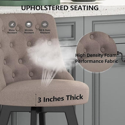 MINCETA Set of 4 Upholstered Bar Stools - 26 Inch Swivel Counter Height Stools with Low Tufted Back, Footrest & Performance Fabric - Round Seat for Kitchen Island & Home Bar Taupe
