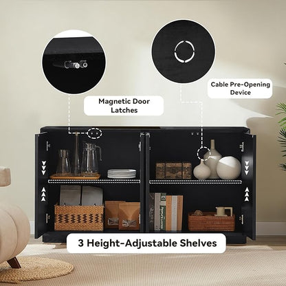 LKTART 59" Sideboard Buffet Cabinet Retro Accent Storage Cabinet with Magnetic Door Latches Adjustable Shelf for Living Room Kitchen(Black)