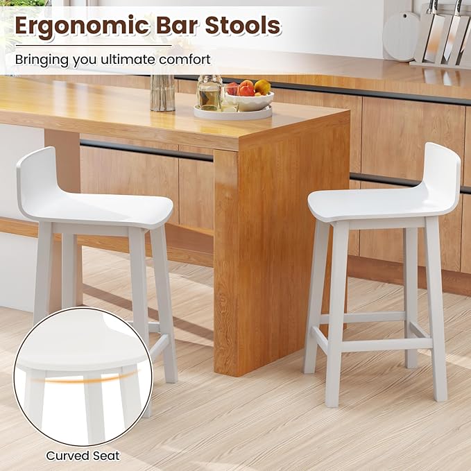 COSTWAY Solid Wood Bar Stools Set of 4, 24.5-inch Counter Height Chairs with Low Back and Footrest, Farmhouse Wooden Armless barstools for Kitchen Island, Dining Room, Cafe, Breakfast, White